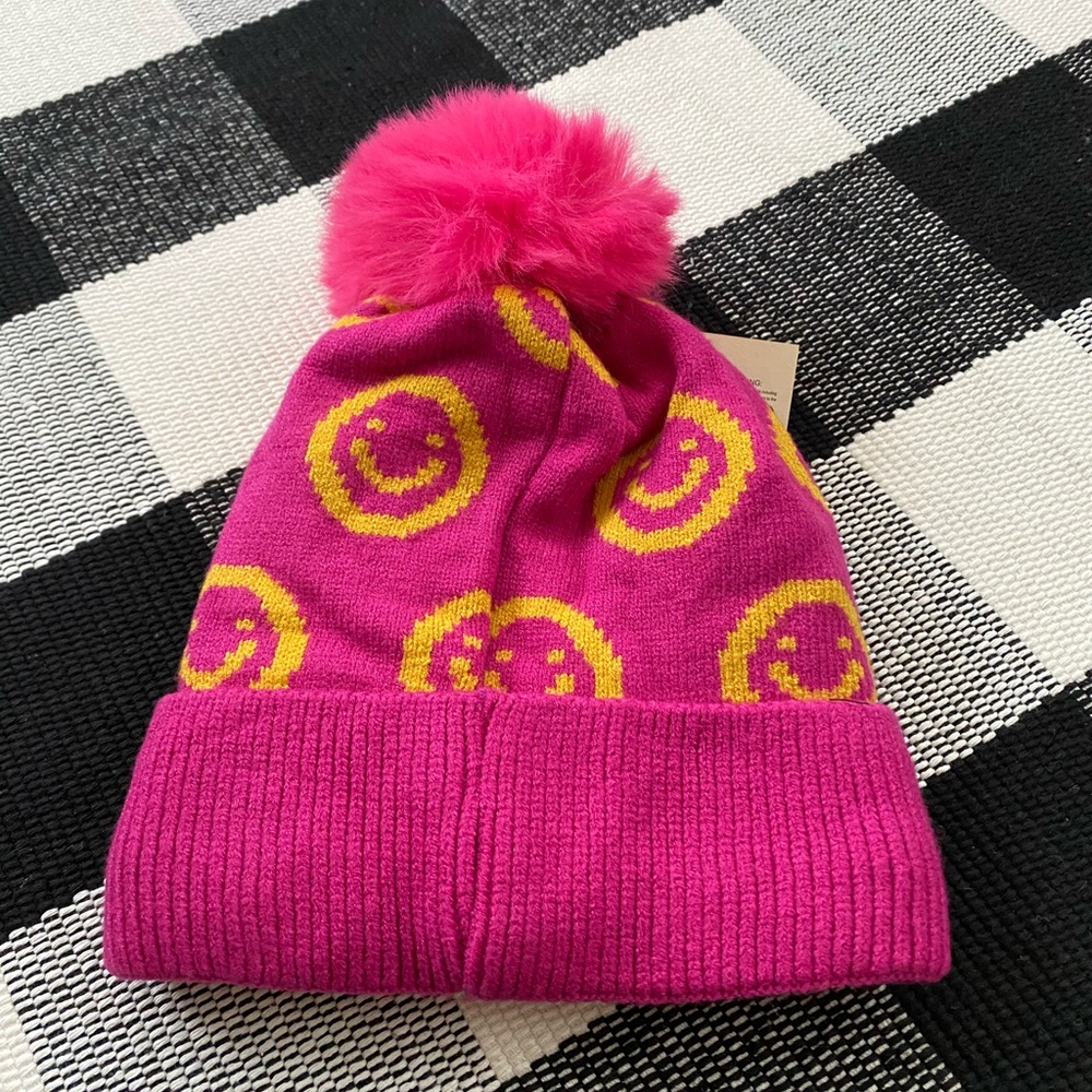 Smiley Face Knit Beanie With Pom Pom